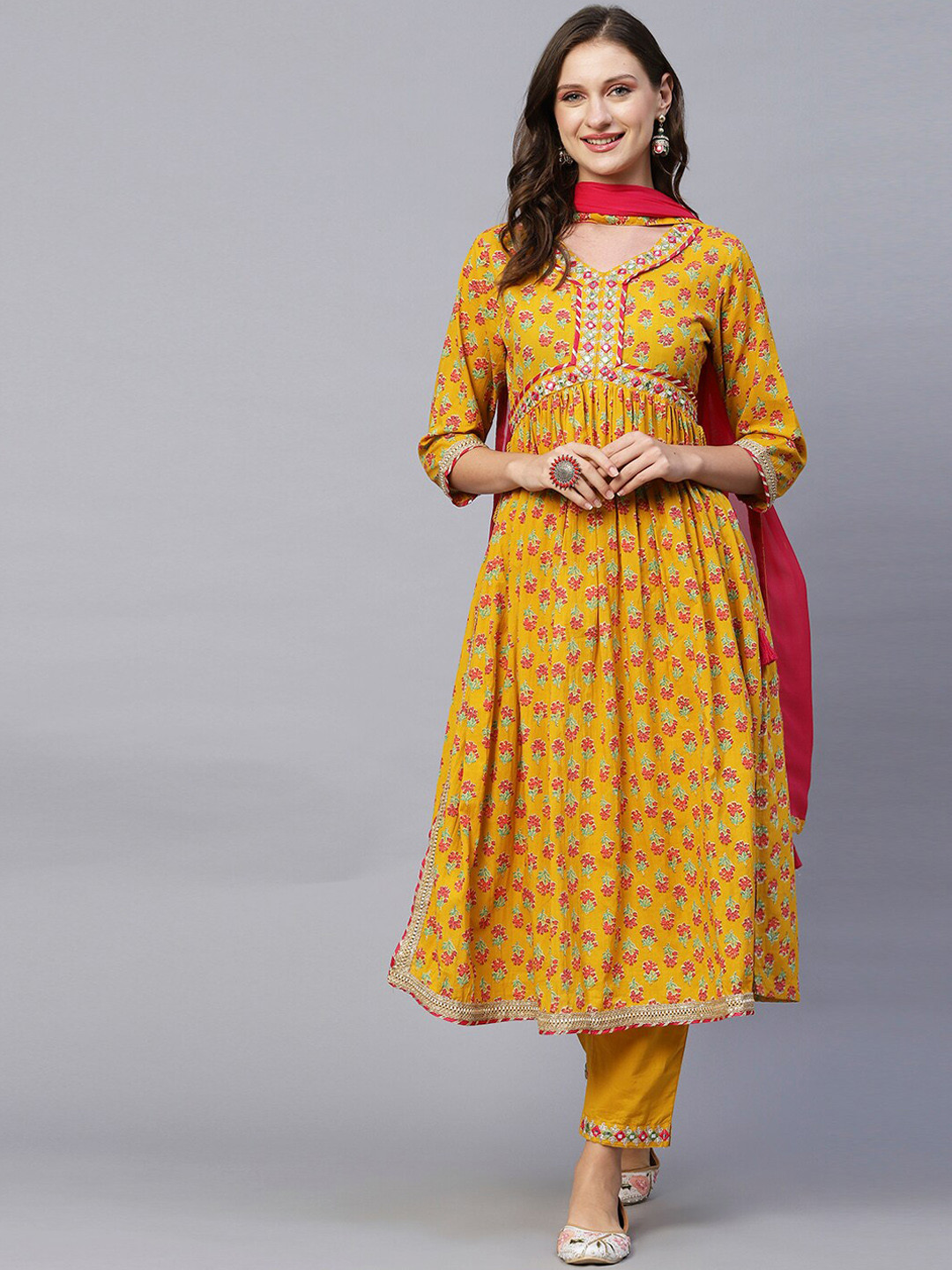 

FASHOR Mustard Floral Printed Mirror Work Pure Cotton Kurta with Trousers & Dupatta