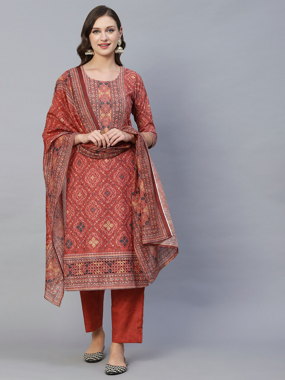 

FASHOR Brown Ethnic Motifs Printed Embroidered Kurta With Trousers & Dupatta