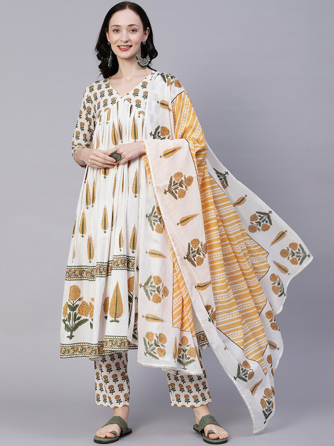 

FASHOR White Floral Printed Sequinned Pure Cotton Kurta with Trousers & With Dupatta