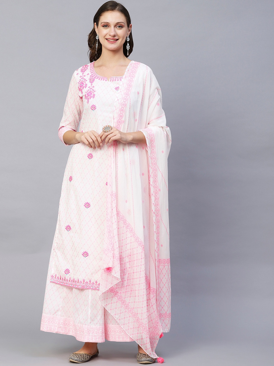 

FASHOR White Ethnic Motifs Printed Sequinned Pure Cotton Kurta with Palazzos & Dupatta