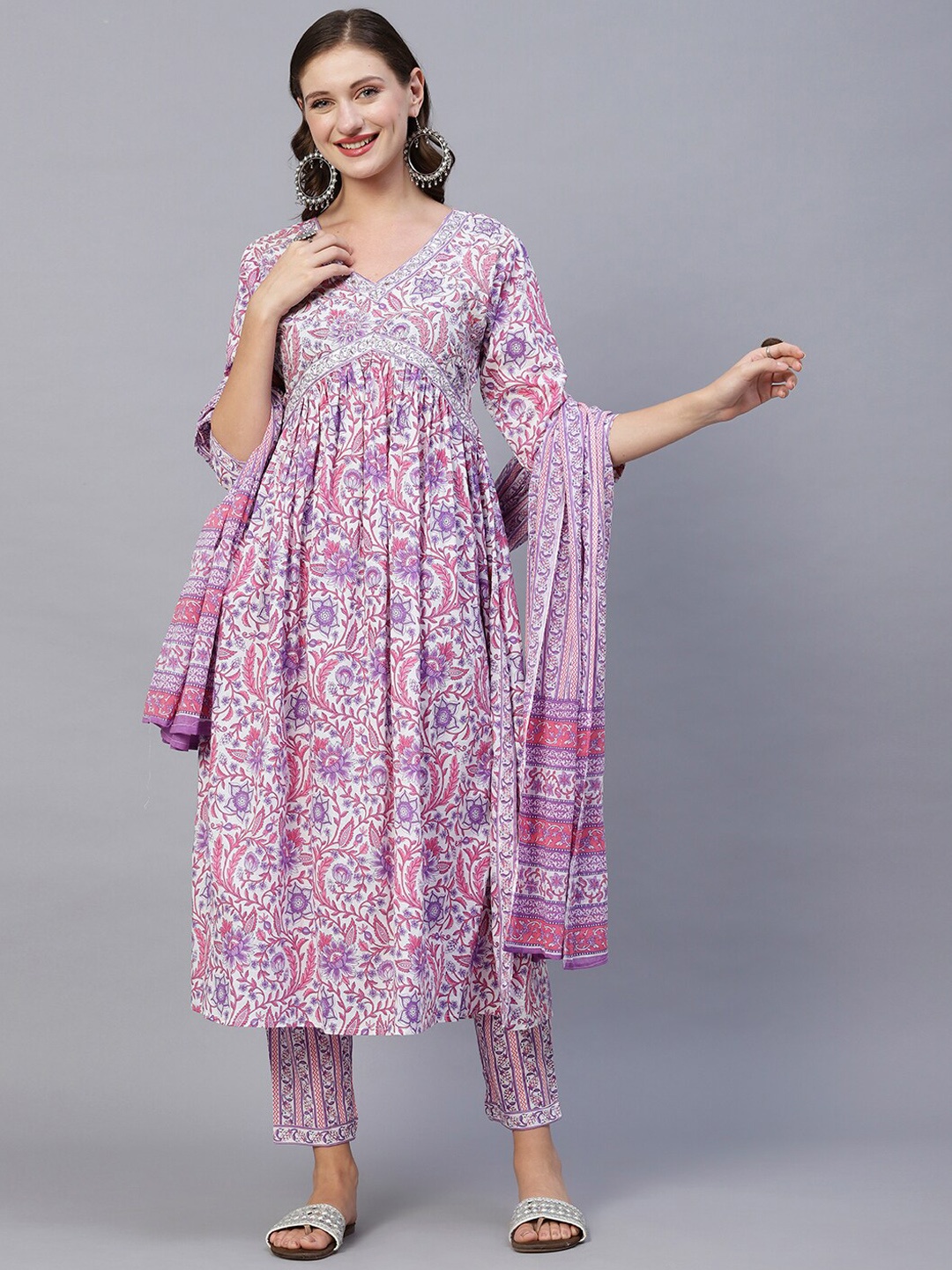 

FASHOR White And Pink Ethnic Motifs Printed Pure Cotton Kurta With Trousers & Dupatta