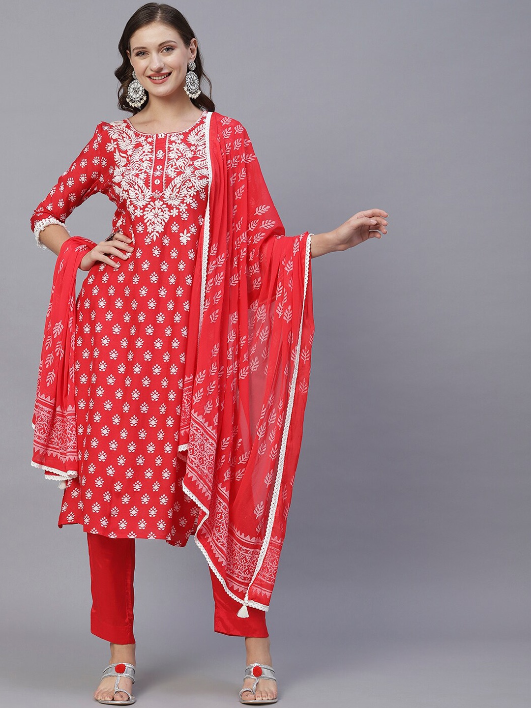 

FASHOR Red Printed Thread Work Straight Kurta With Trousers & Dupatta