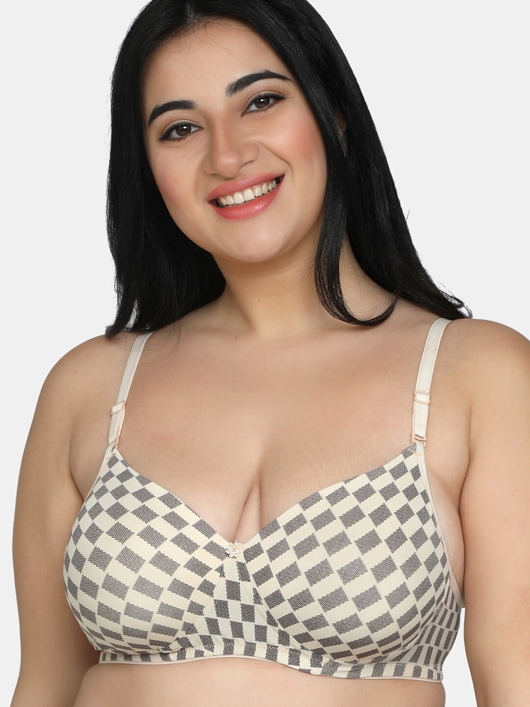 

MAROON Checked Full Coverage Heavily Padded All Day Comfort Seamless Cotton T-shirt Bra, White