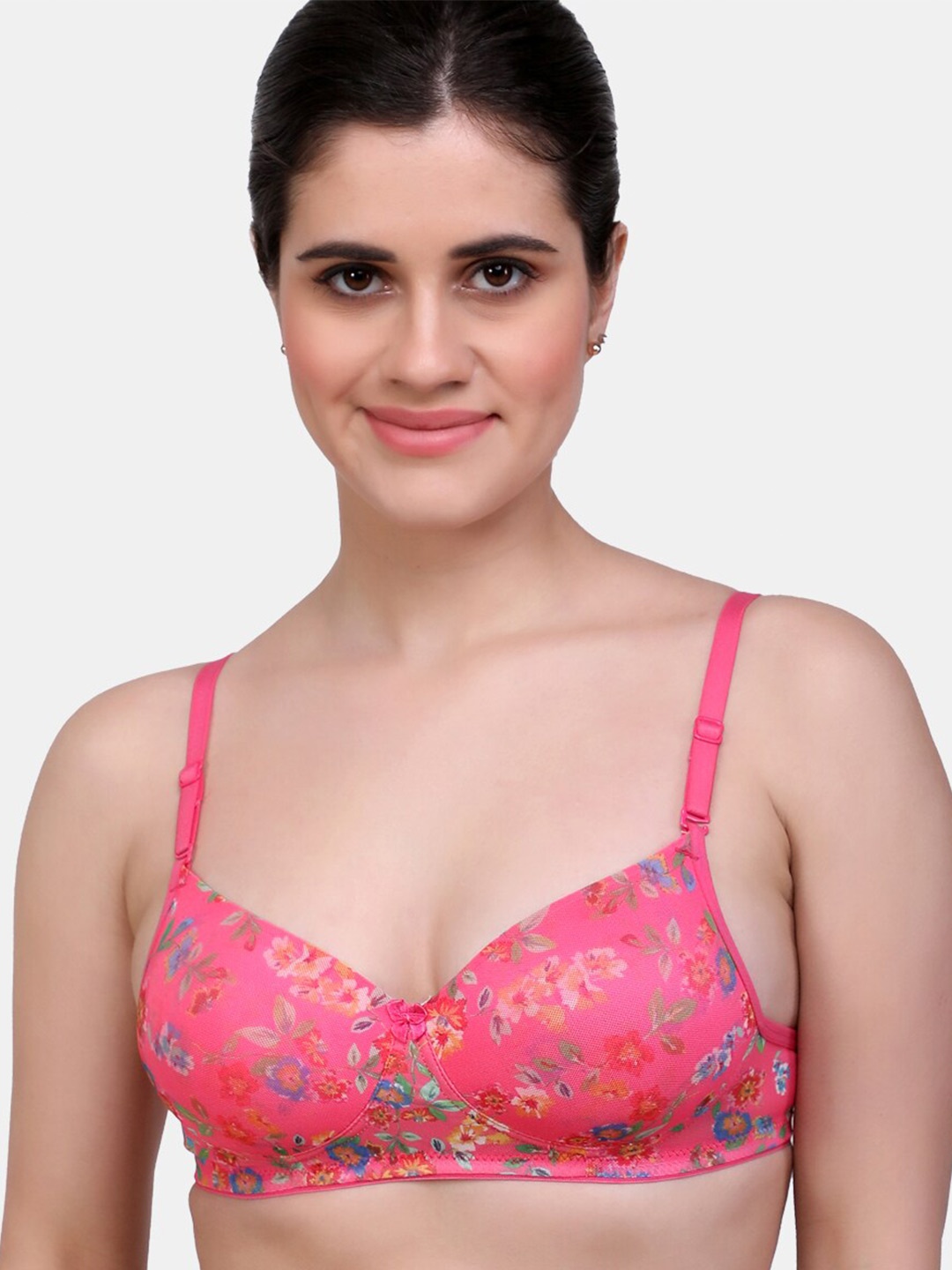 

MAROON Floral Printed Half Coverage Heavily Padded All Day Comfort Seamless T-shirt Bra, Pink