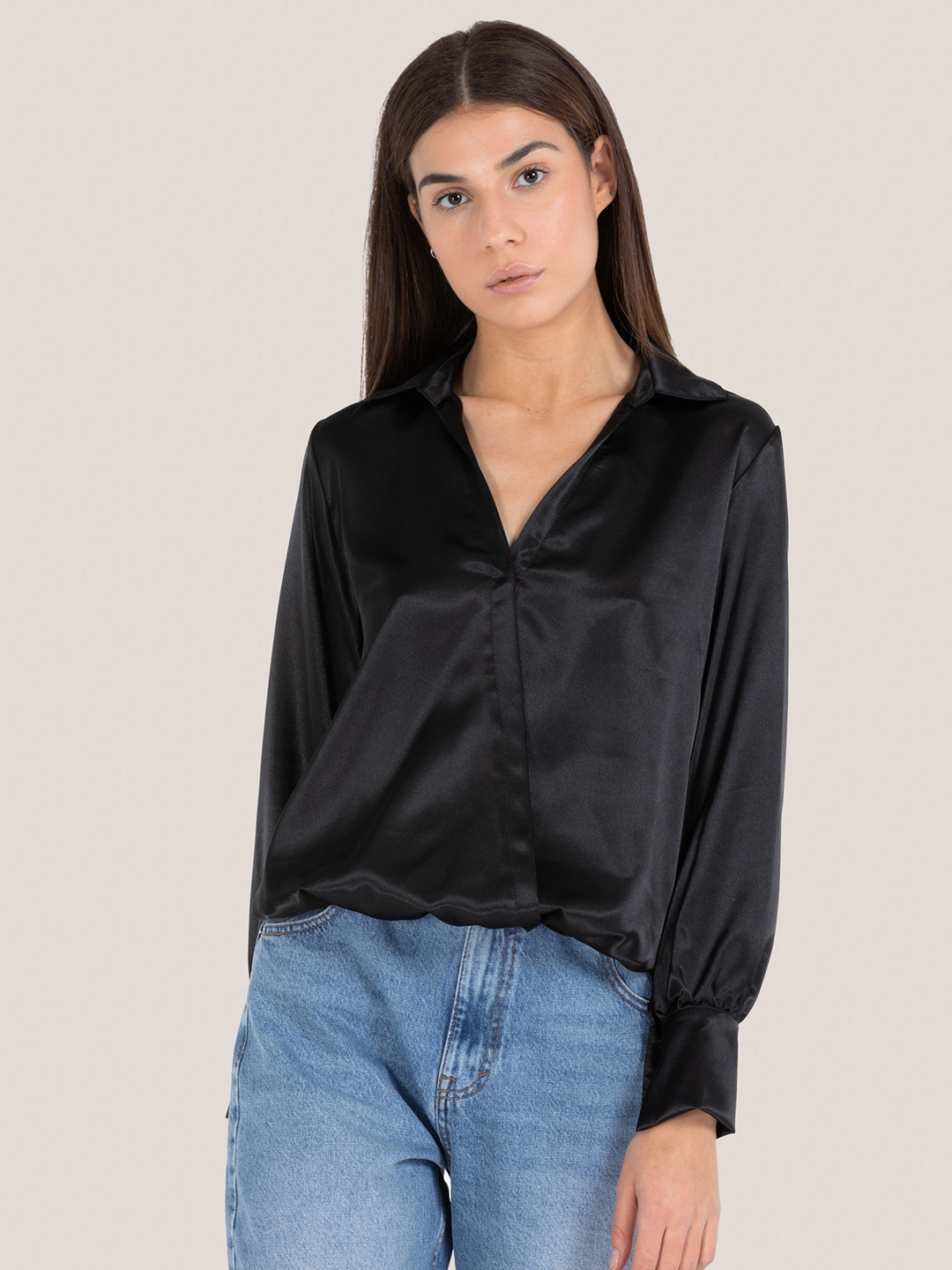 

ALCOTT Solid Satin Finish Blouson Top, Black