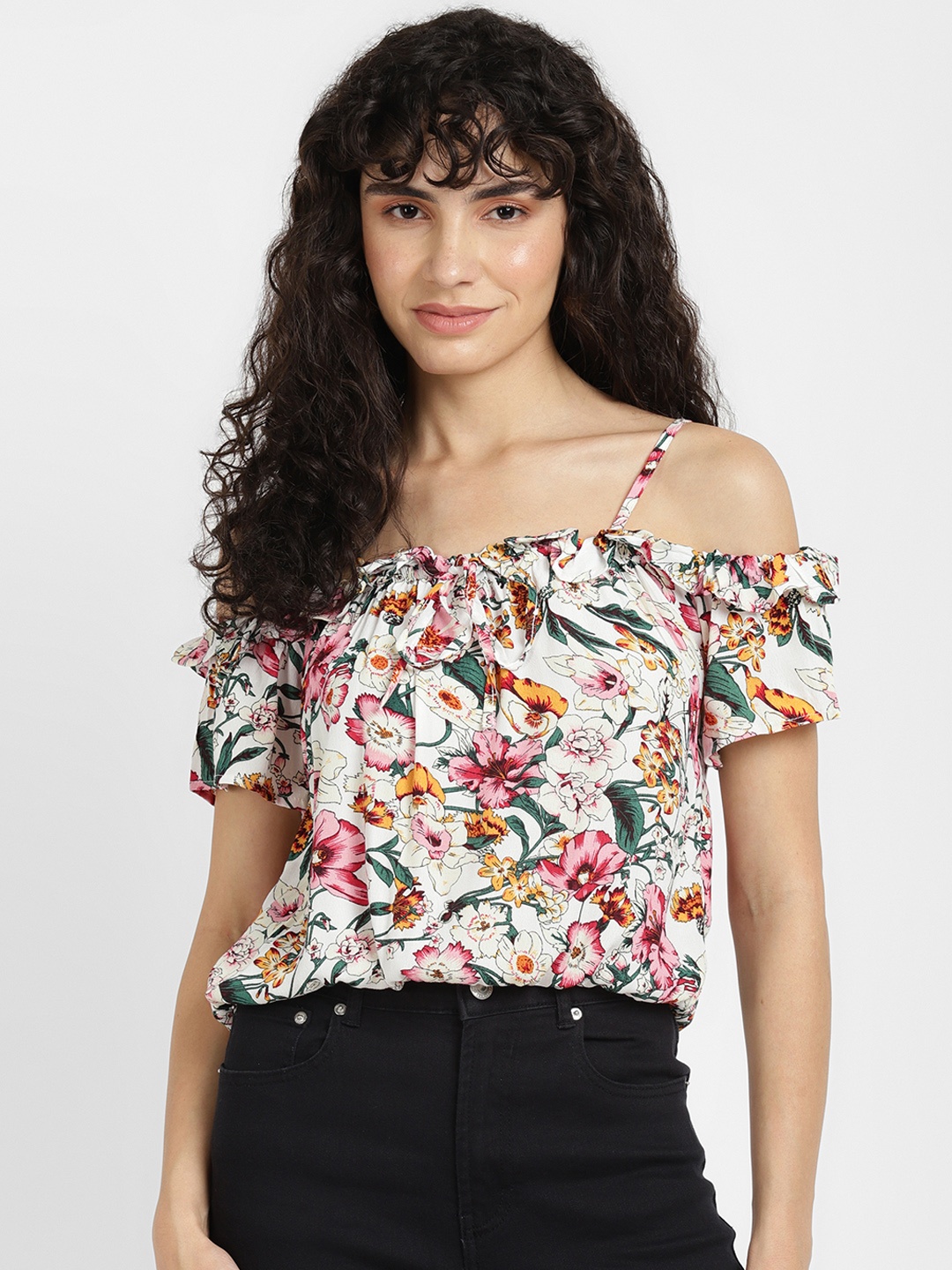 

ALCOTT Floral Print Bardot Top, White