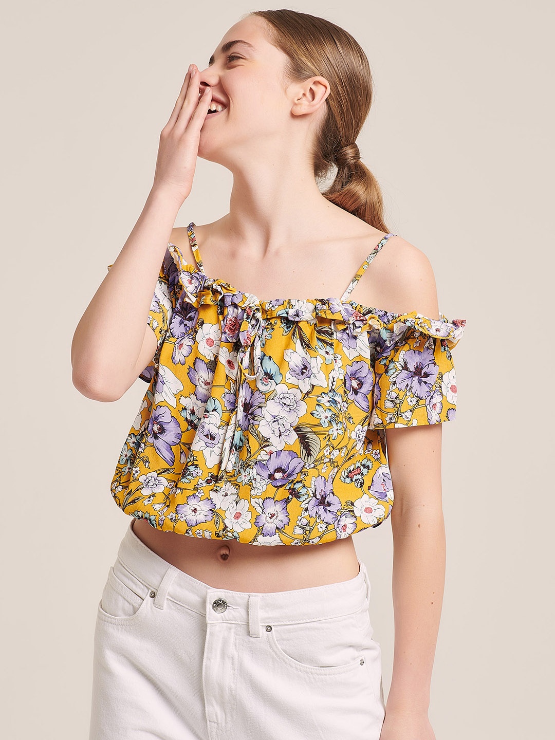 

ALCOTT Floral Print Bardot Top, Mustard