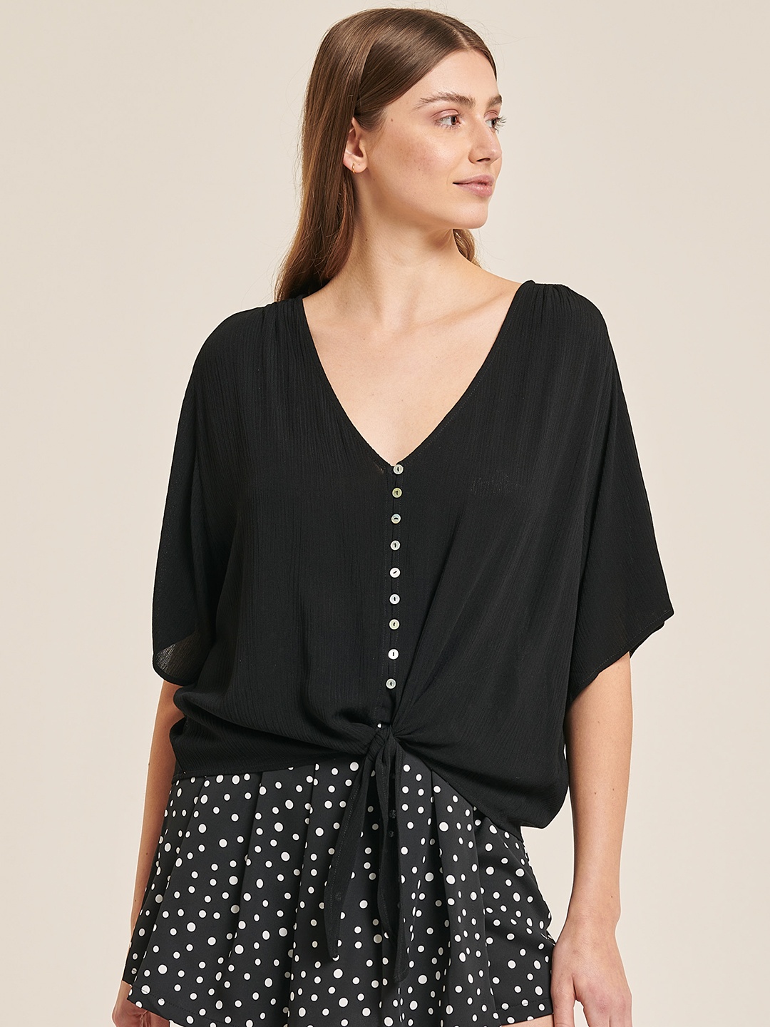 

ALCOTT Solid Flared Sleeve Top with Waist Tie-Up, Black