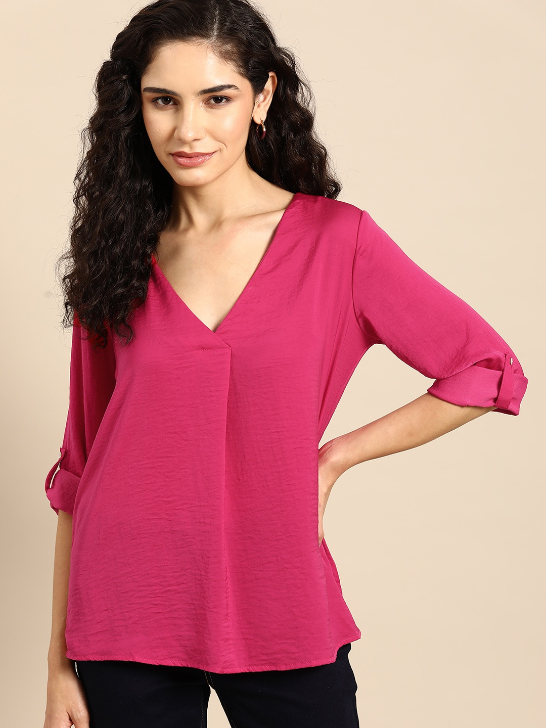 

ALCOTT Crinkled Effect Pleated Roll-Up Sleeves Top, Pink