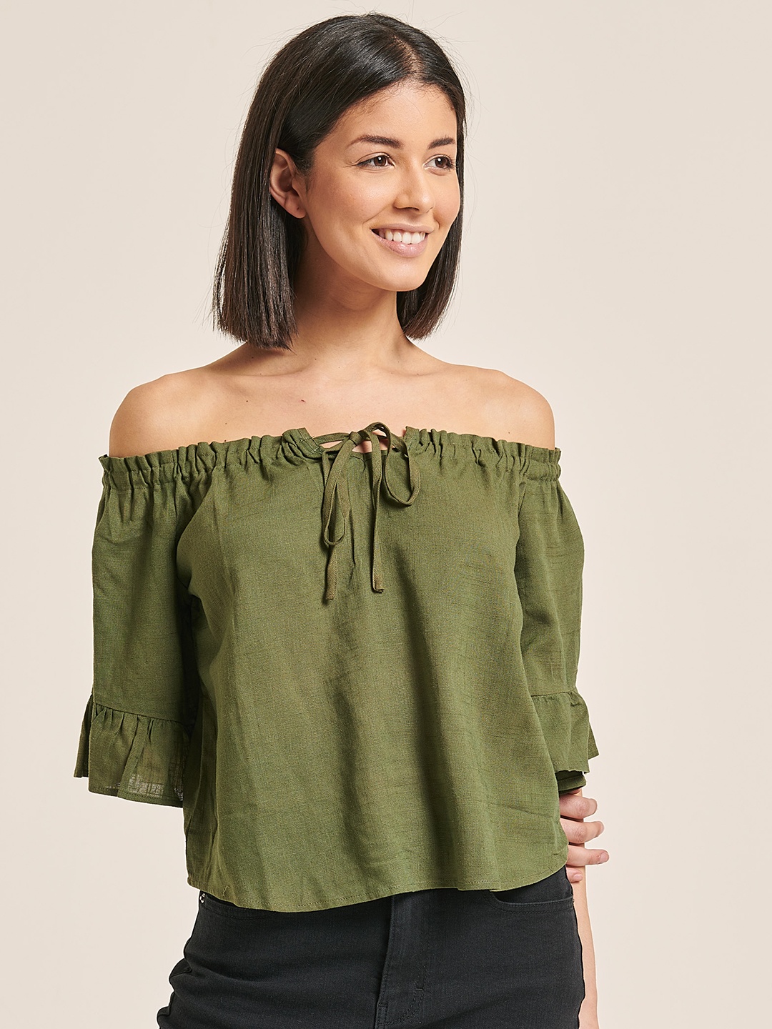 

ALCOTT Off-Shoulder Bell Sleeves Ruffles Bardot Top, Olive