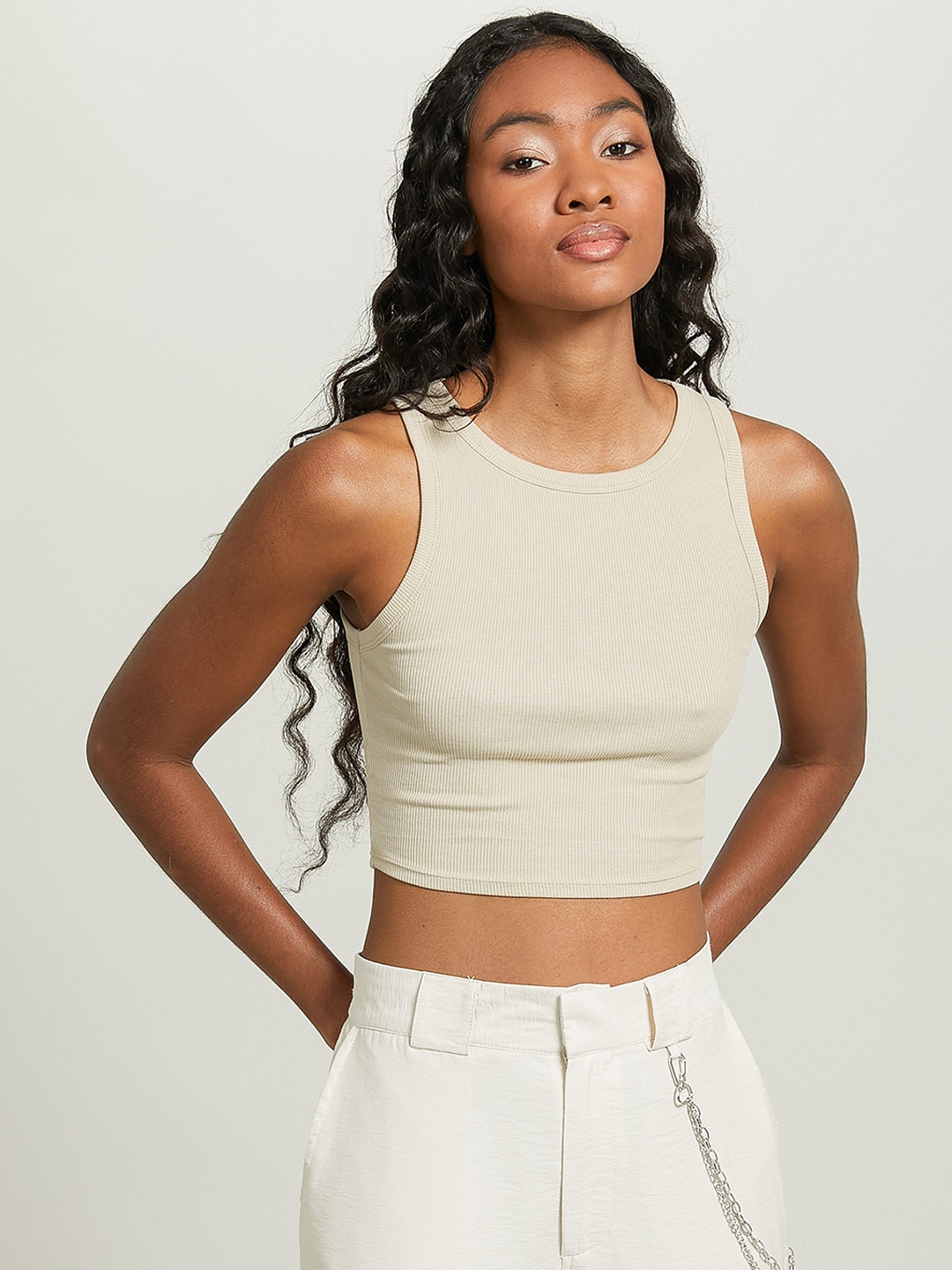 

ALCOTT Ribbed Tank Crop Top, Beige