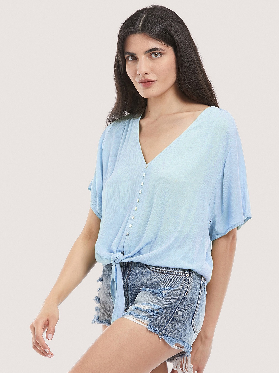 

ALCOTT Front Tie-Up Extended Sleeves Top, Blue