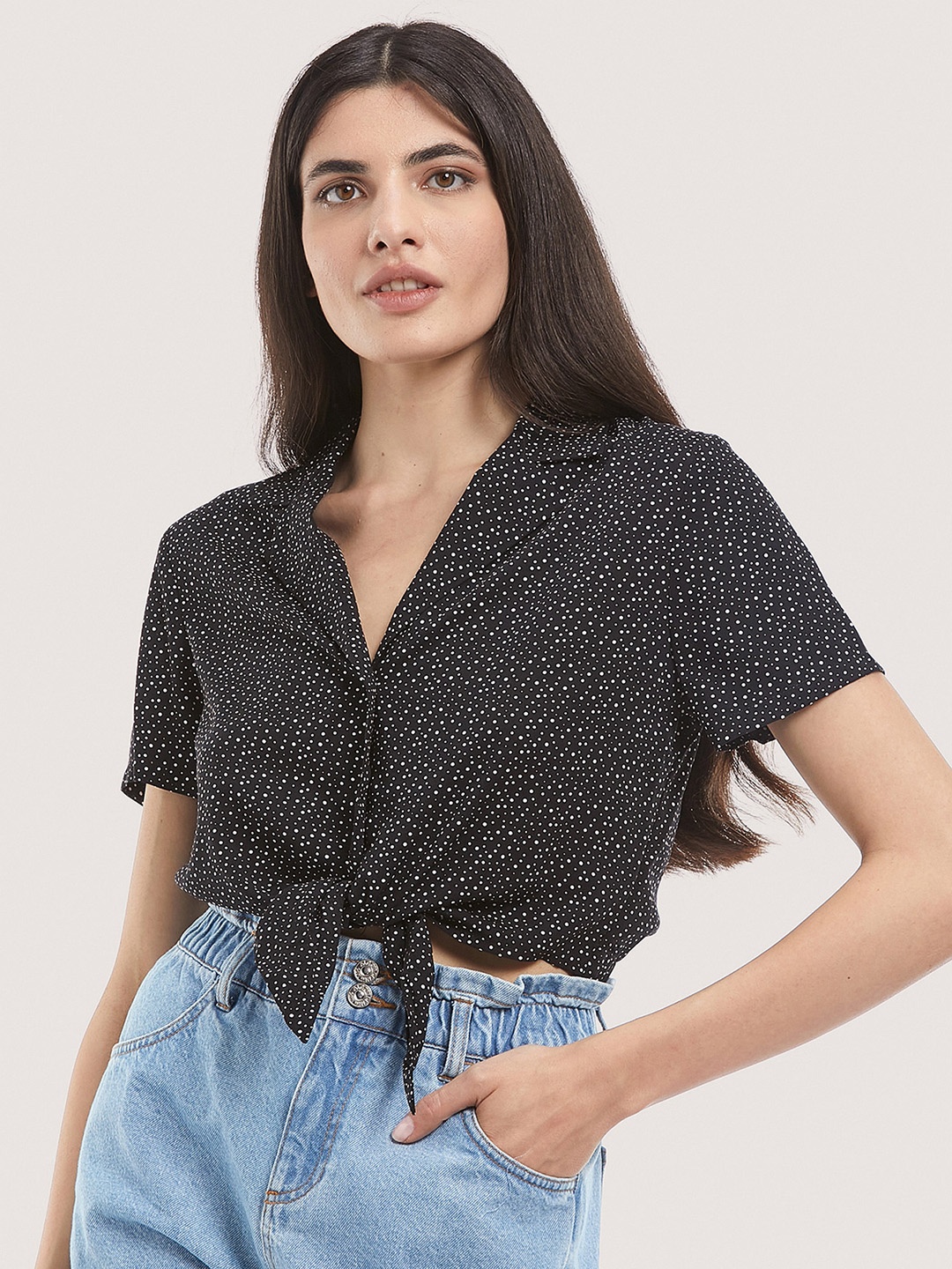 ALCOTT Front Tie-Up Printed Shirt Style Top, Black