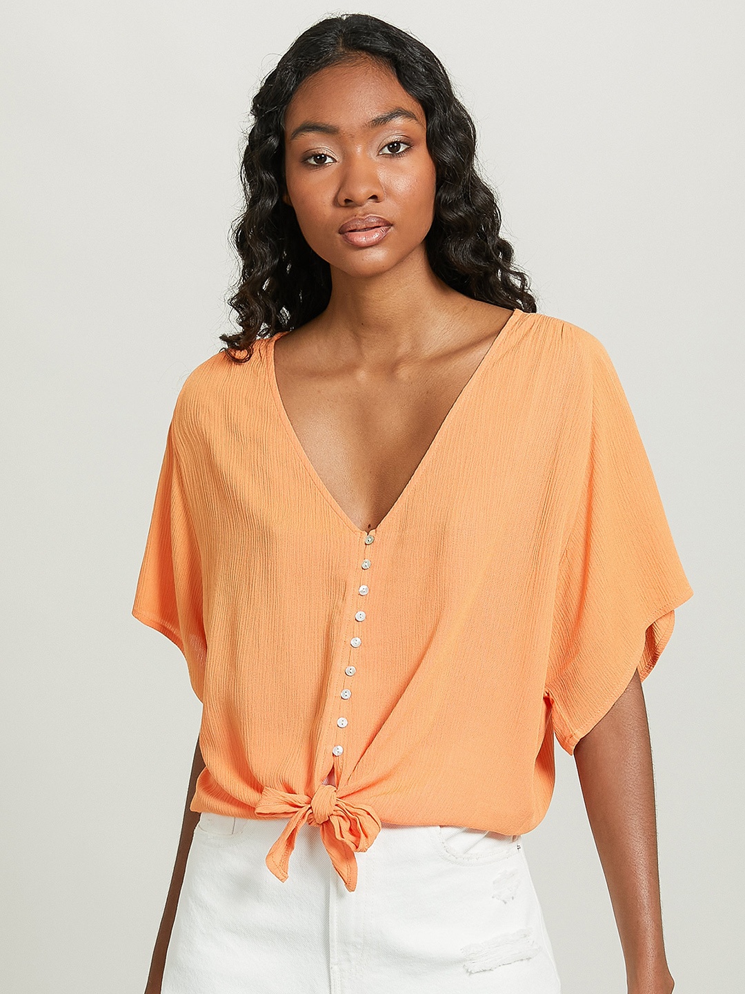 

ALCOTT Front Tie-Up Extended Sleeves Top, Orange