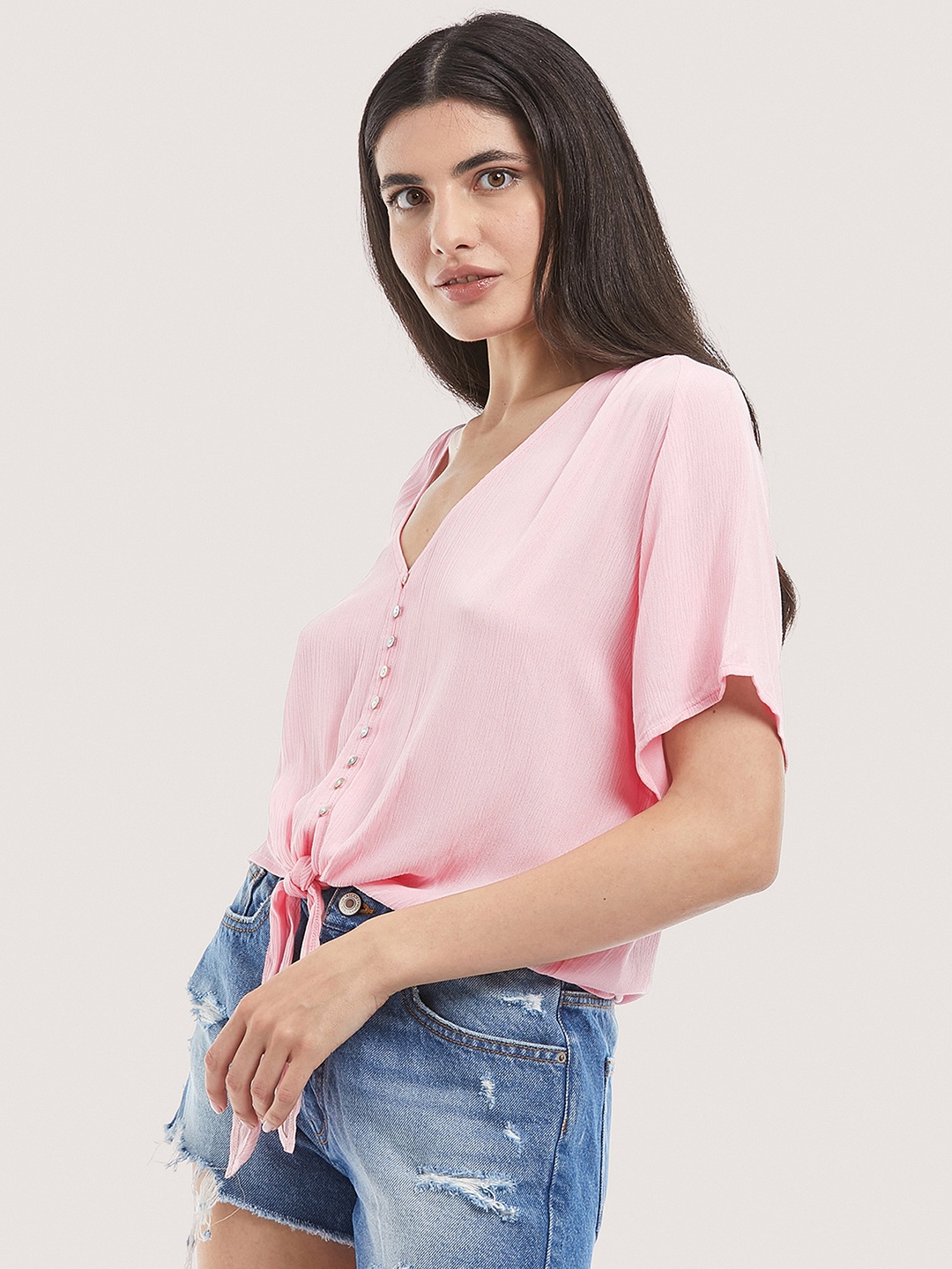 

ALCOTT Front Tie-Up Extended Sleeves Top, Pink