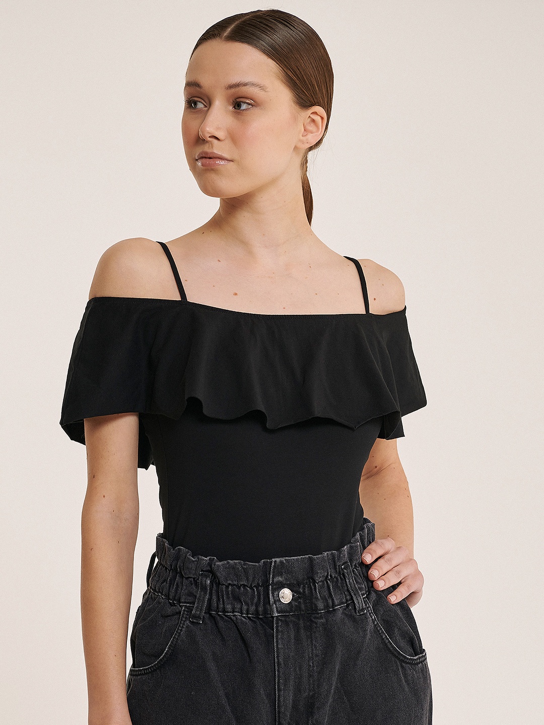 

ALCOTT Off-Shoulder Flutter Sleeves Layered Bardot Top, Black