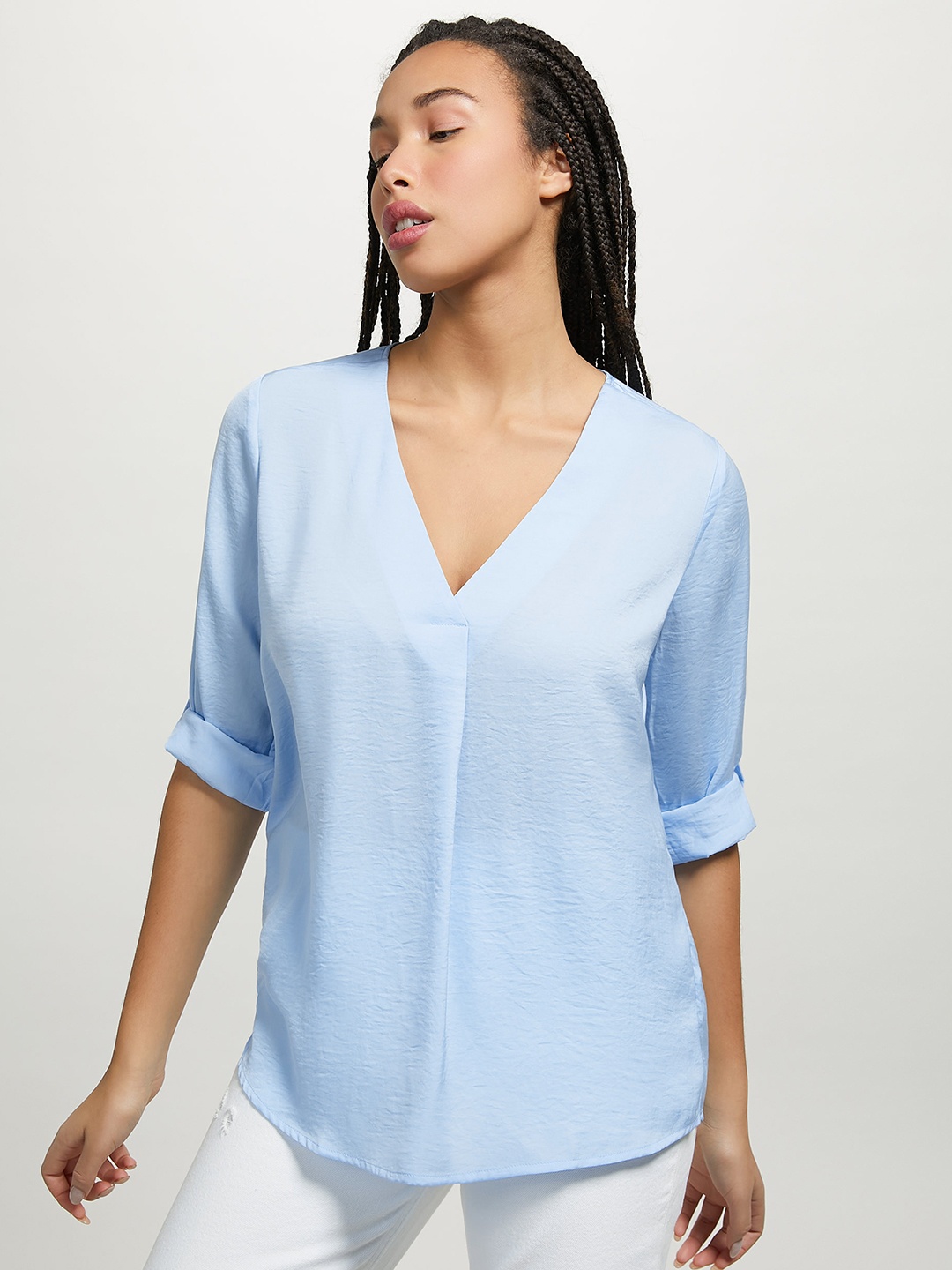 

ALCOTT Pleated Roll-Up Sleeves Top, Blue