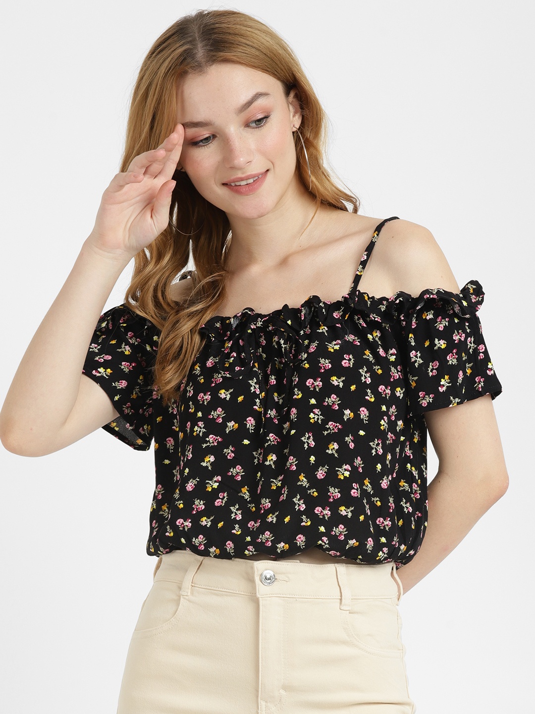 ALCOTT Floral Print Off-Shoulder Puff Sleeve Ruffles Bardot Crop Top, Black