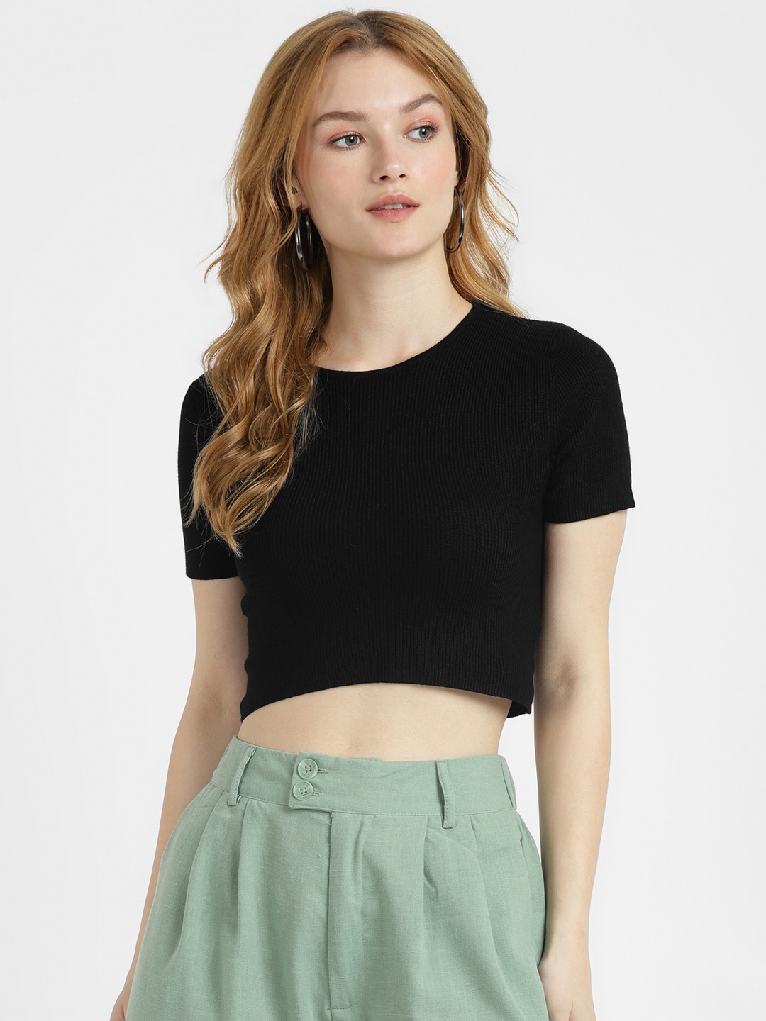 

ALCOTT Ribbed Detail Crop Criss-Cross Styled Back Top, Black