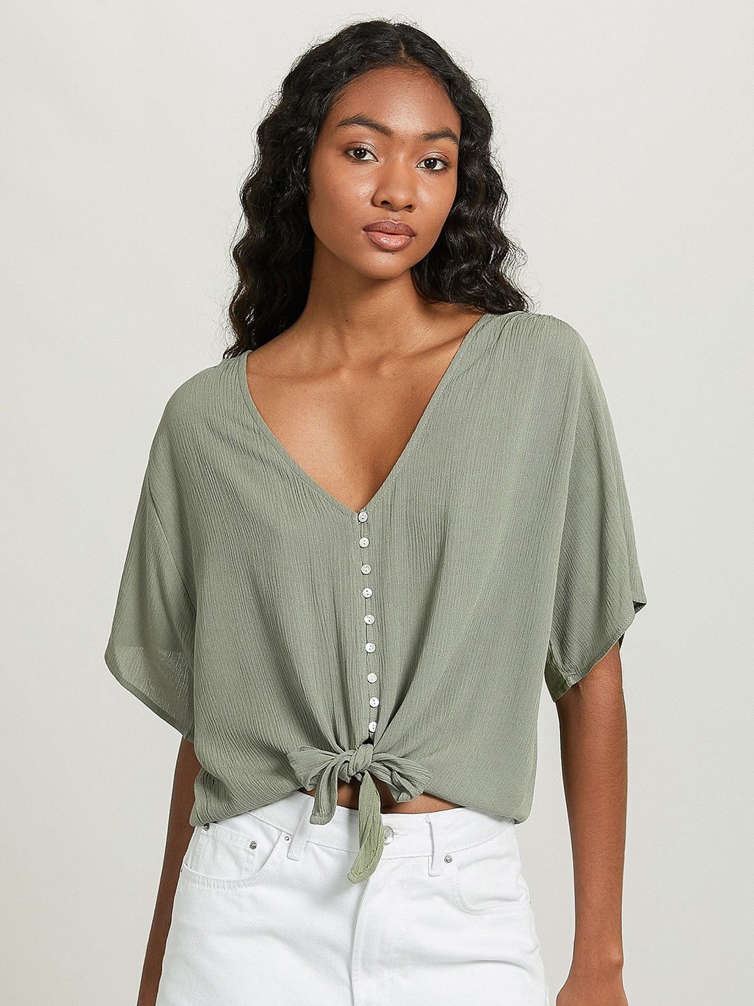 

ALCOTT Textured Flared Sleeves Tie-Up Detail Top, Green