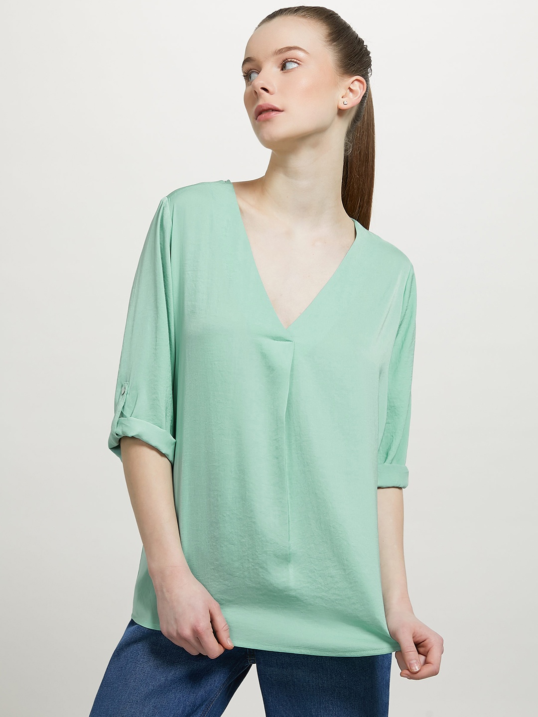 

ALCOTT Crinkle Detail Pleated Roll-Up Sleeves Top, Sea green