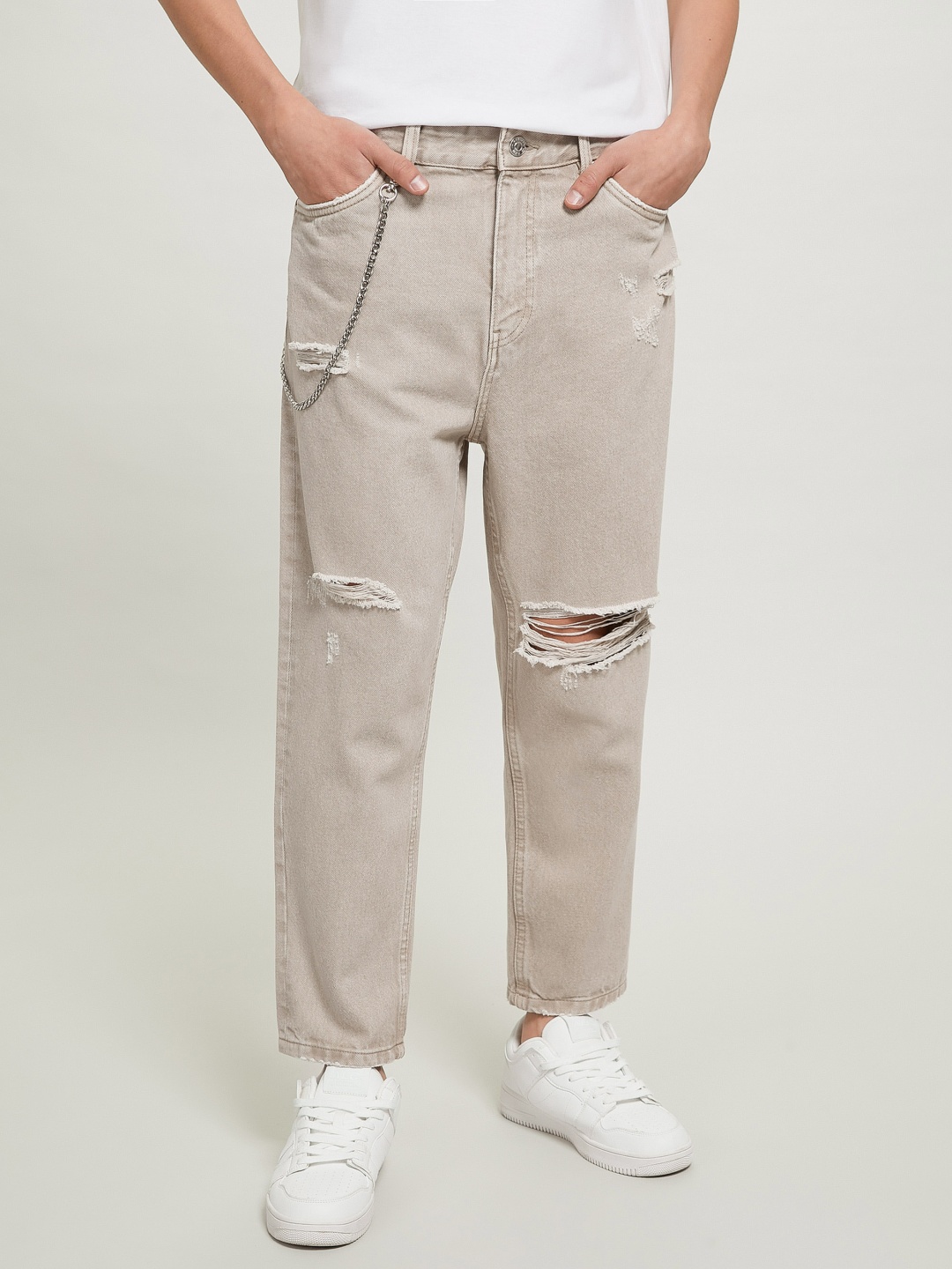 

ALCOTT Men Cotton Straight Fit Low Distress Jeans, Beige