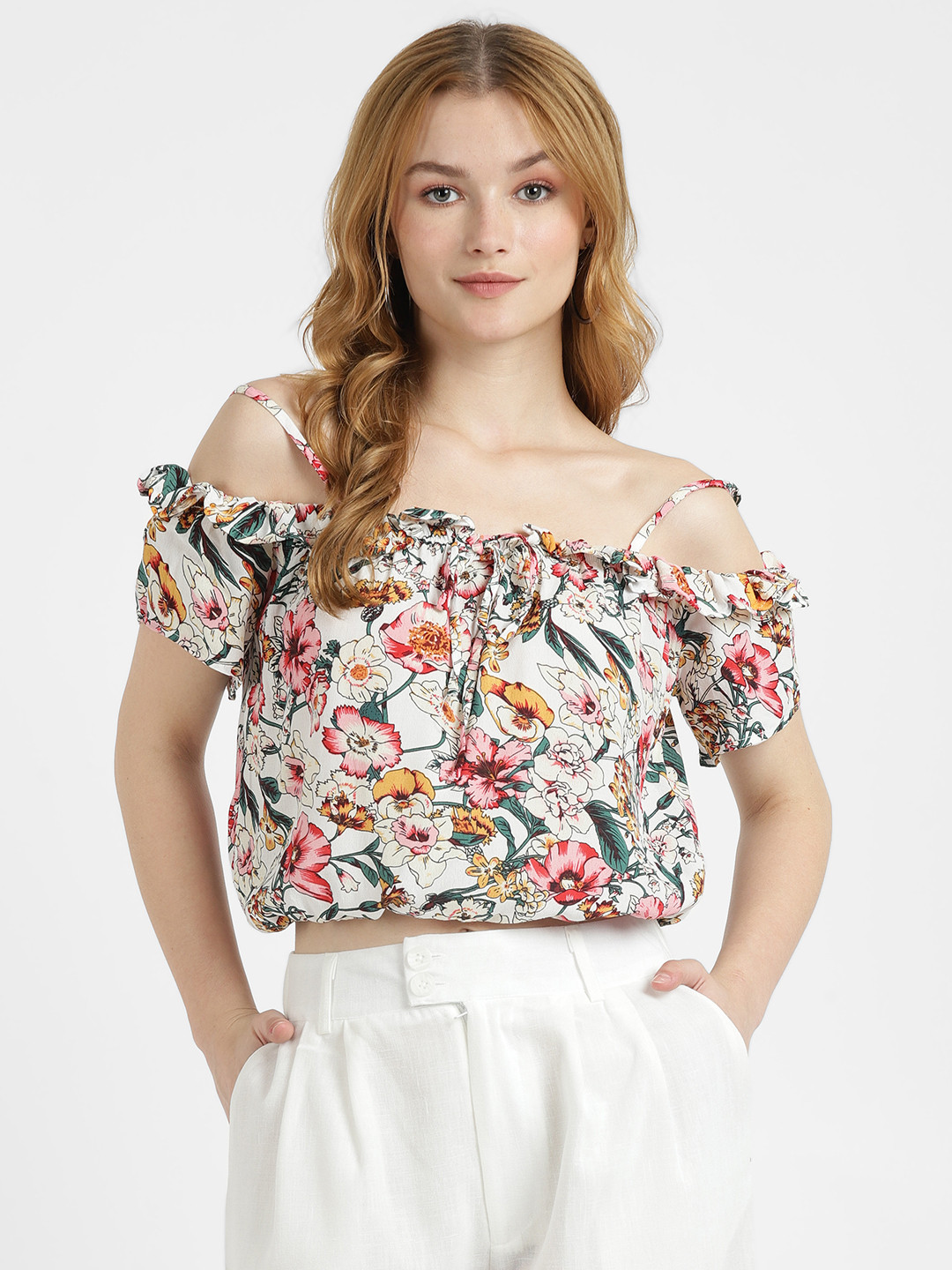 

ALCOTT Floral Printed Off-Shoulder Blouson Style Crop Top, Off white
