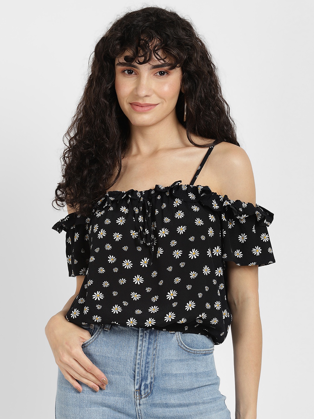 

ALCOTT Floral Printed Off-Shoulder Blouson Style Crop Top, Black