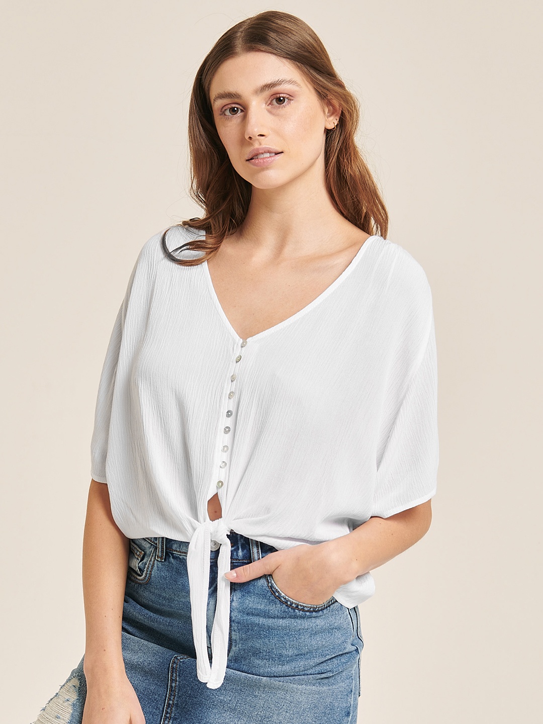 

ALCOTT Flared Sleeves Tie-Up Detail Top, White