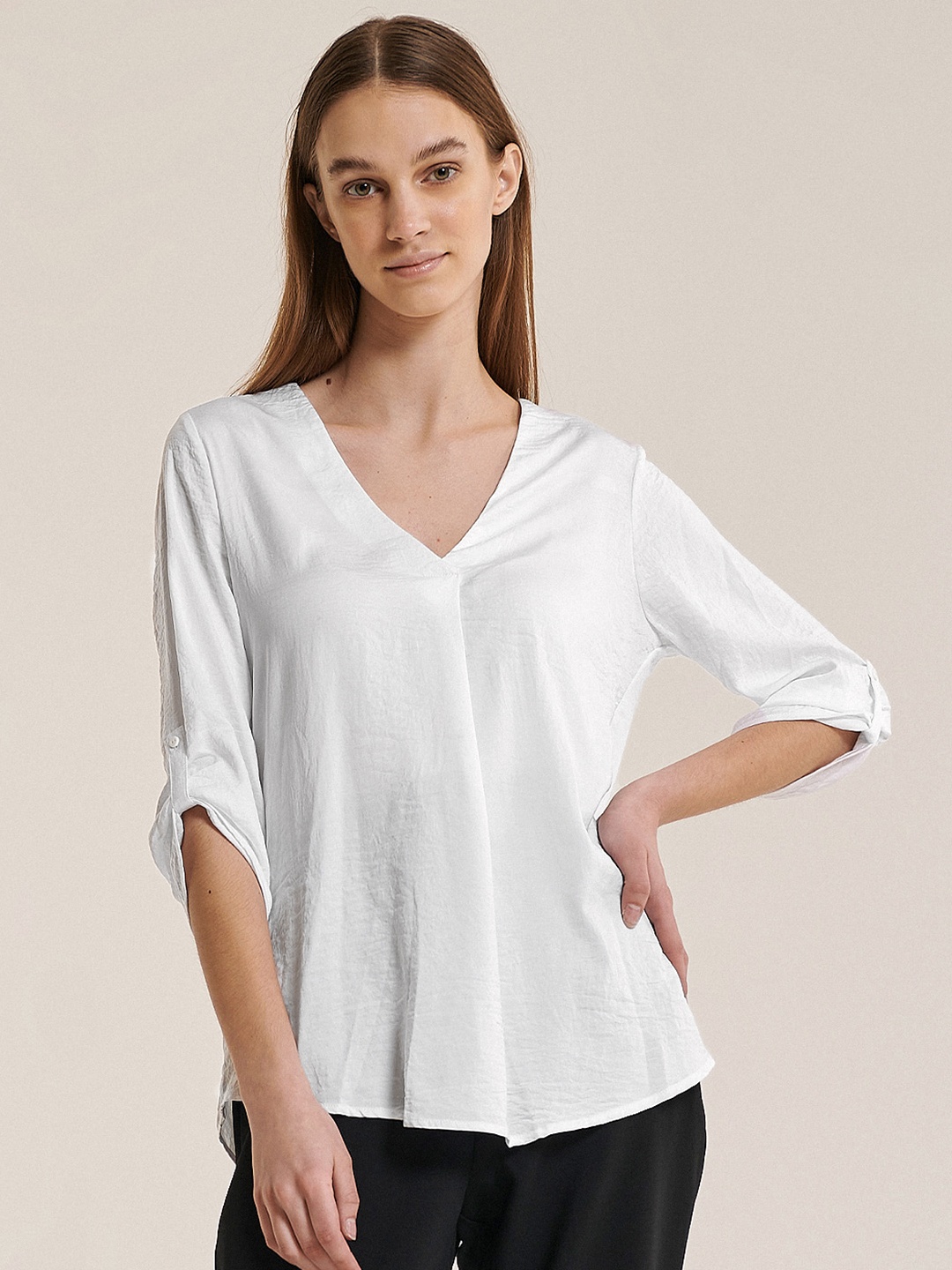 

ALCOTT Crinkle Detail Pleated Roll-Up Sleeves Top, White