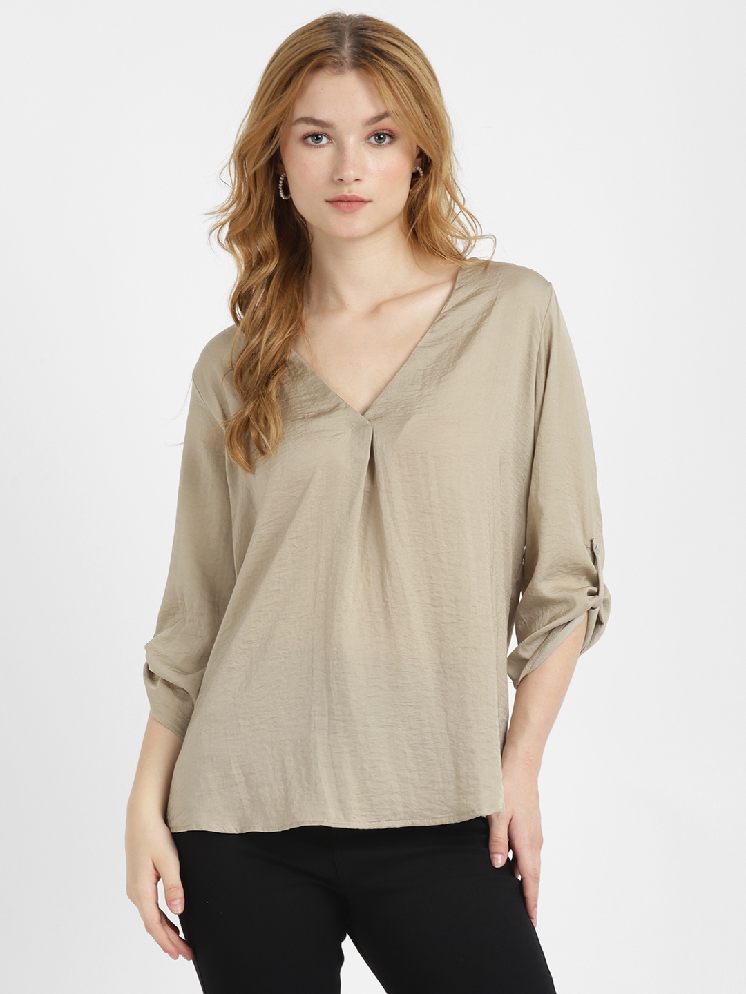 

ALCOTT Crinkle Detail Pleated Roll-Up Sleeves Top, Beige