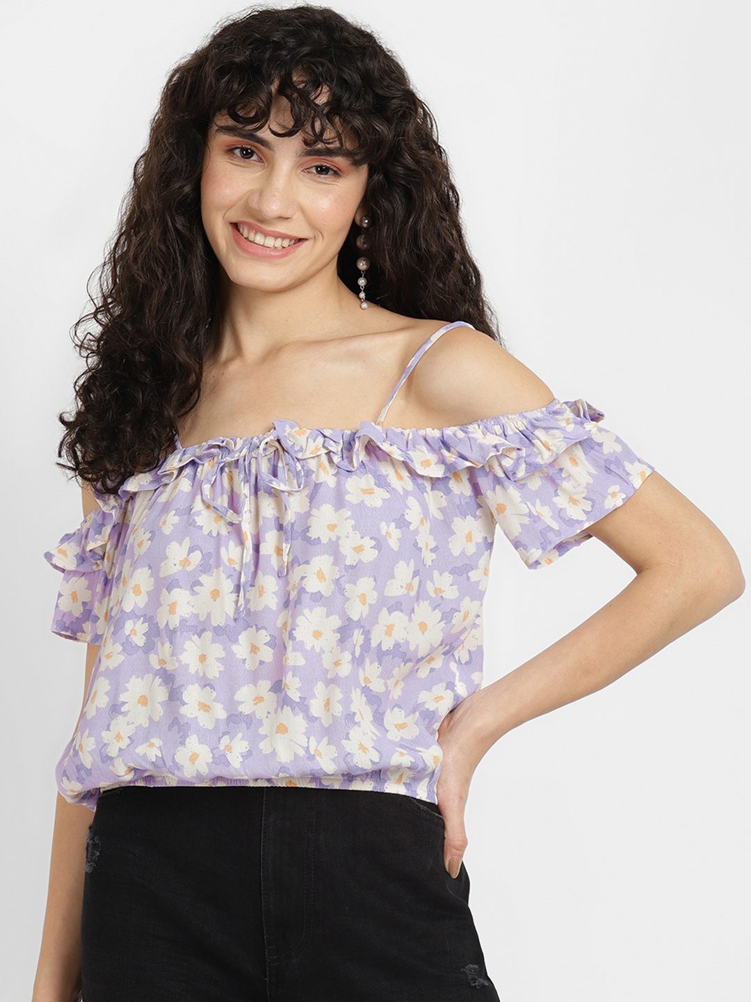 

ALCOTT Floral Printed Off-Shoulder Blouson Style Crop Top, Lavender