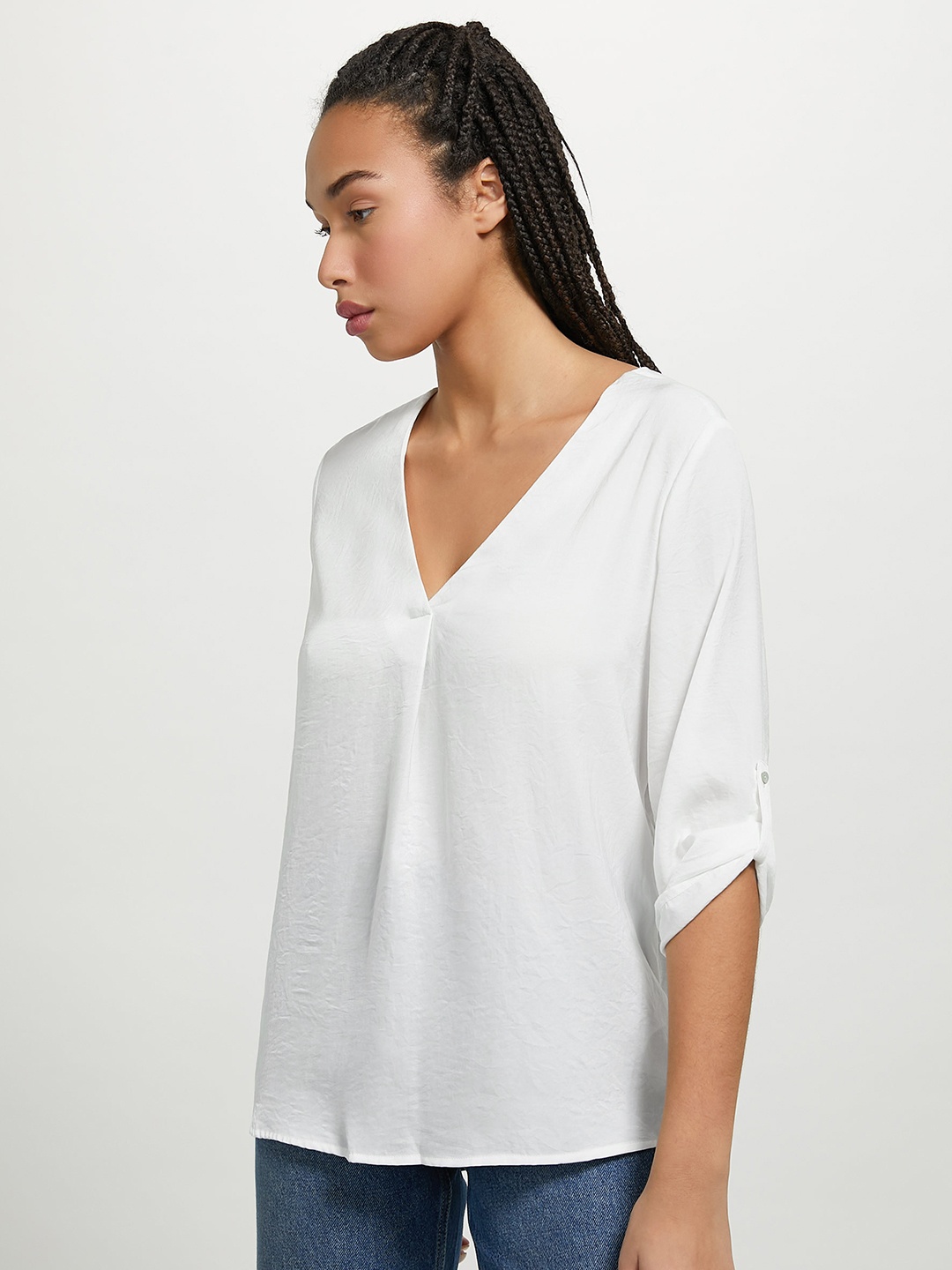 

ALCOTT Crinkle Detail Pleated Roll-Up Sleeves Top, White