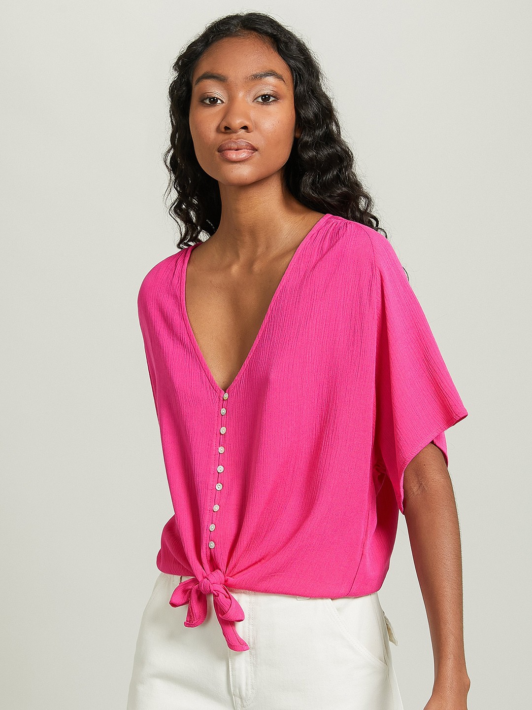 

ALCOTT Flared Sleeves Tie-Up Detail Top, Pink