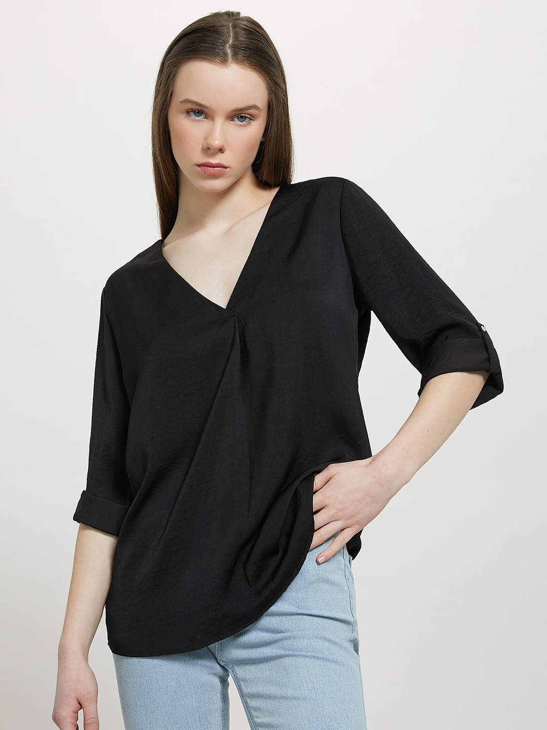 

ALCOTT Satin Finish Pleated Roll-Up Sleeves Top, Black