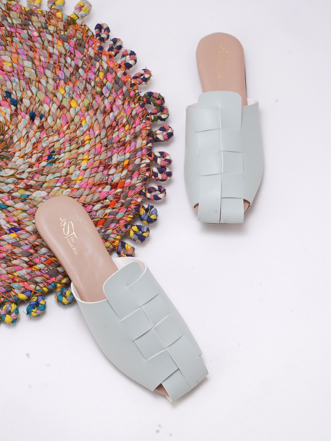 

THE WHITE POLE Square Toe Textured Mules, Sea green
