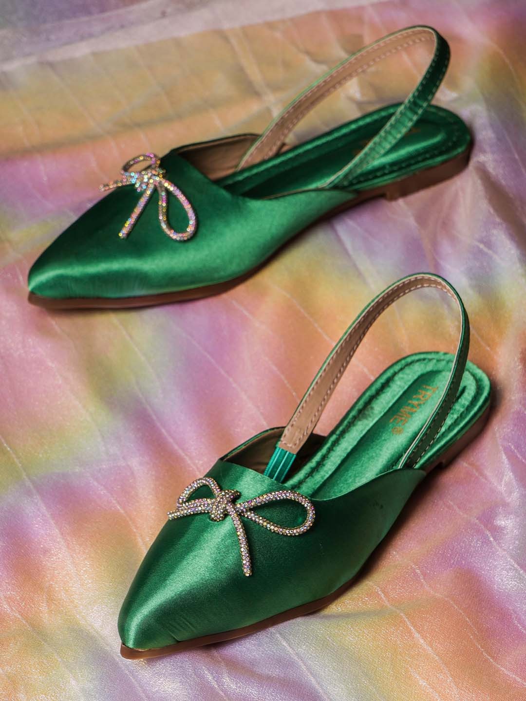 

THE WHITE POLE Women Pointed Toe Embellished Bow Detail Mules With Backstrap, Green