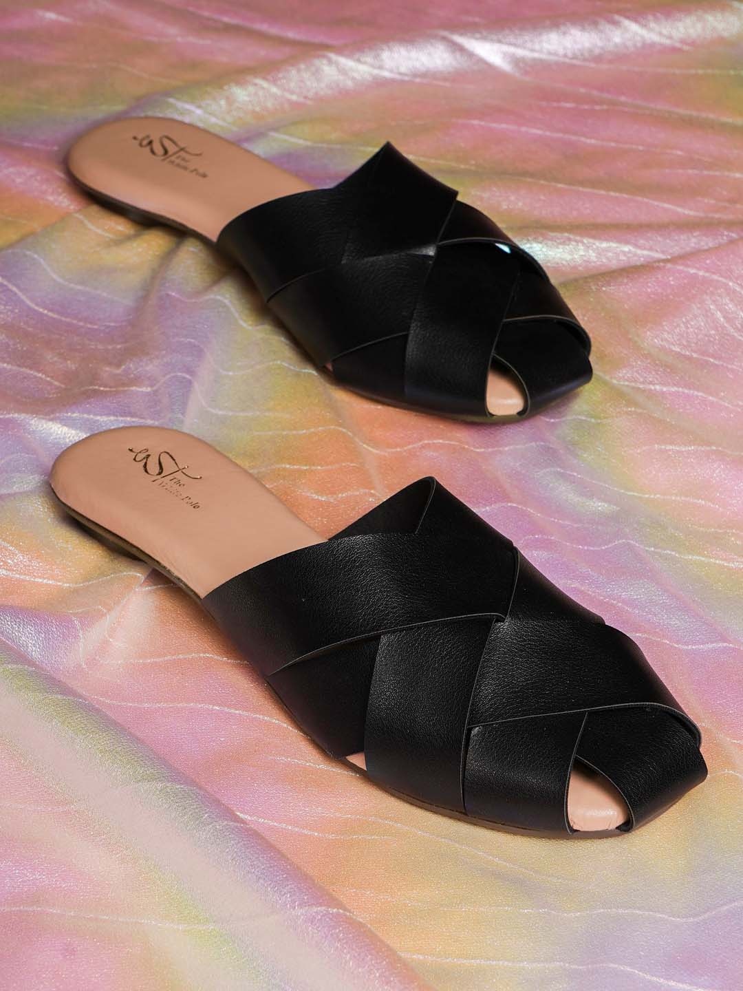 

THE WHITE POLE Textured Criss-Cross Strap Mules, Black