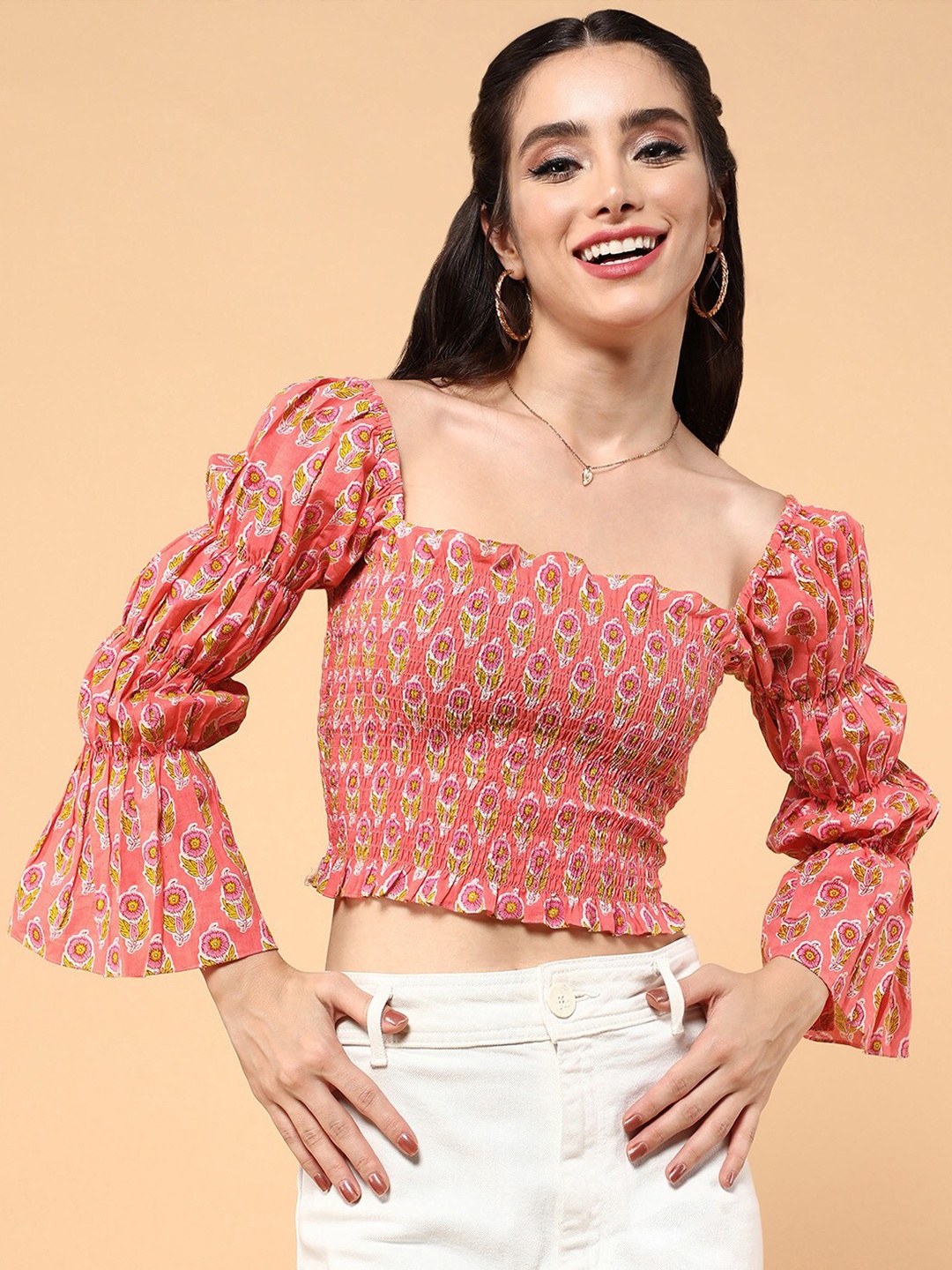 

aturabi Ethnic Motifs Printed Bell Sleeve Smocked Pure Cotton Fitted Crop Top, Pink