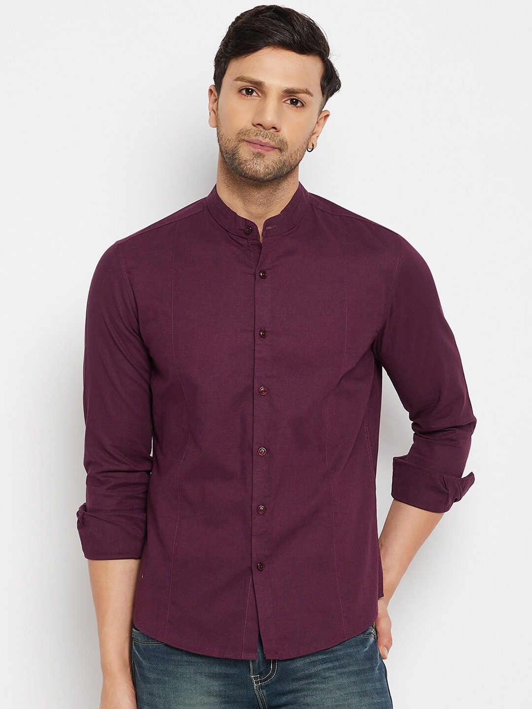 

CAMLA Mandarin Collar Cotton Casual Shirt, Purple