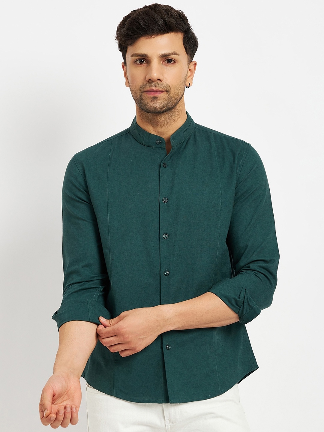 

CAMLA Mandarin Collar Cotton Casual Shirt, Green