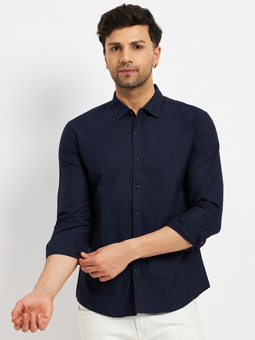 

CAMLA Men Striped Cotton Opaque Casual Shirt, Navy blue
