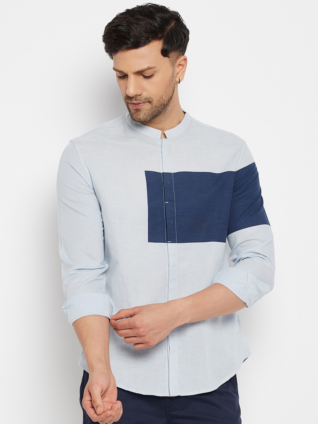 

CAMLA Collarless Colourblocked Cotton Casual Shirt, Blue