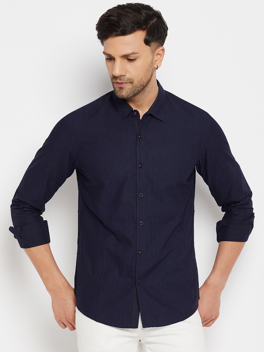 

CAMLA Self Design Spread Collar Cotton Casual Shirt, Navy blue