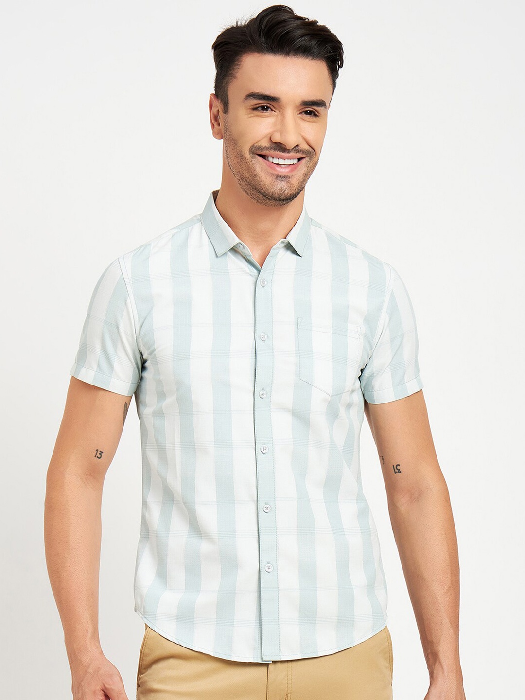 

CAMLA Vertical Striped Cotton Casual Shirt, Green