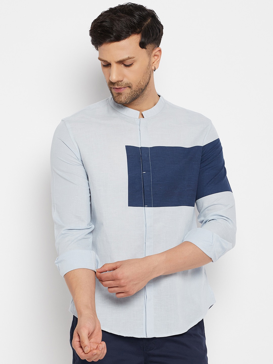 

CAMLA Collarless Colourblocked Cotton Casual Shirt, Blue