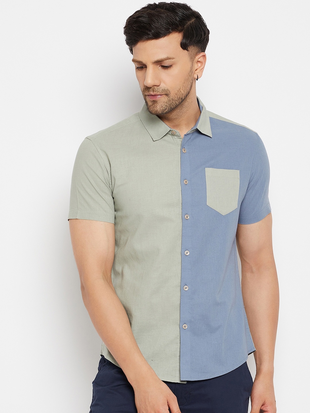 

CAMLA Colourblocked Spread Collar Cotton Casual Shirt, Blue