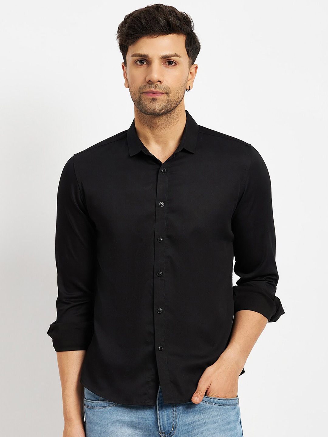 

CAMLA Spread Collar Cotton Casual Shirt, Black