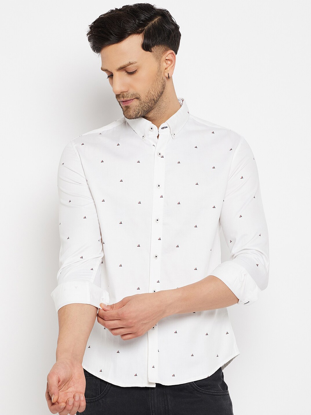 

CAMLA Micro Ditsy Printed Button Down Collar Cotton Casual Shirt, White