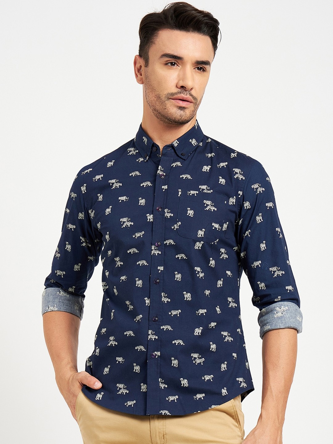 

CAMLA Conversational Printed Button Down Collar Cotton Casual Shirt, Navy blue